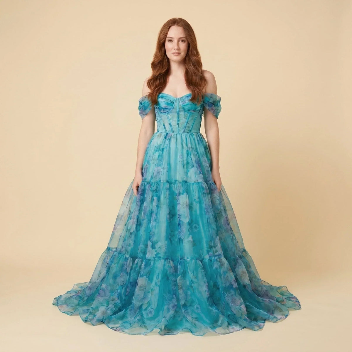 Edie | Floral Off Shoulder Sweetheart Corset Tiered Maxi Puff Sleeve Prom Ball Gown Women