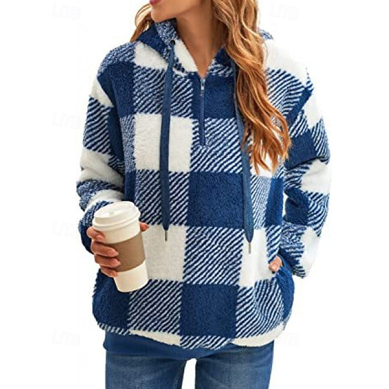 Skye | Checked Winter Oversized Hooded Quarter Zip Sherpa Fleece Jacket Women