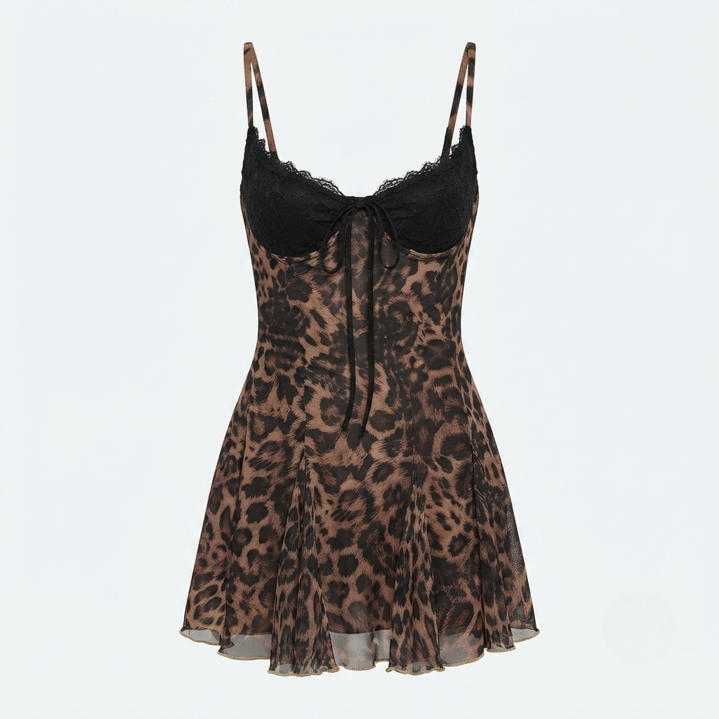 Keira | Leopard Print Lace Bow Strappy Sheer Party Mesh Skater Mini Dress Women