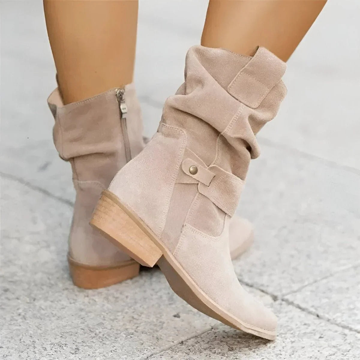 Naomi | Faux Suede Almond Toe Zip Slouch Ruched Block Heeled Mid Calf Boots Women