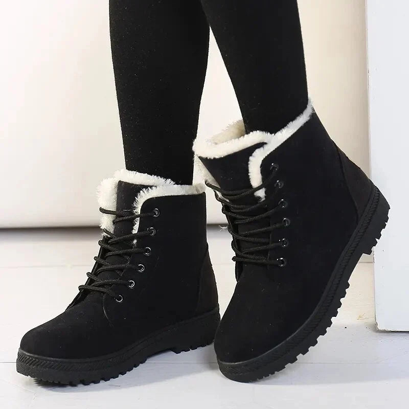 Eve | Faux Fur Lined Winter Flat Round Toe Lace Up Suede Ankle Boots Women