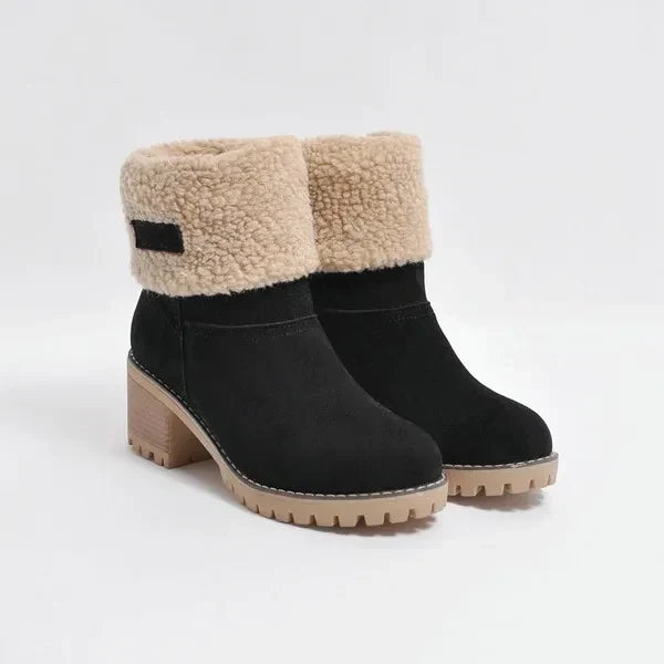 Tilly | Fleece Lined Winter Foldover Chunky Block Heeled Pull On Faux Suede Ankle Boots Women