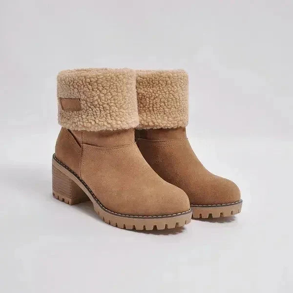 Tilly | Fleece Lined Winter Foldover Chunky Block Heeled Pull On Faux Suede Ankle Boots Women