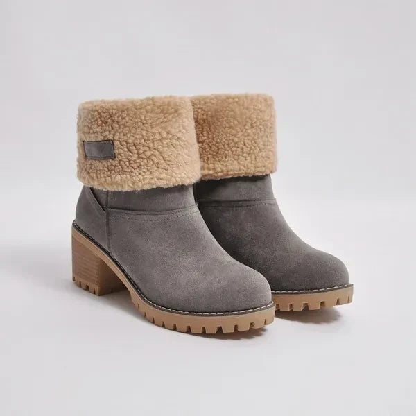 Tilly | Fleece Lined Winter Foldover Chunky Block Heeled Pull On Faux Suede Ankle Boots Women