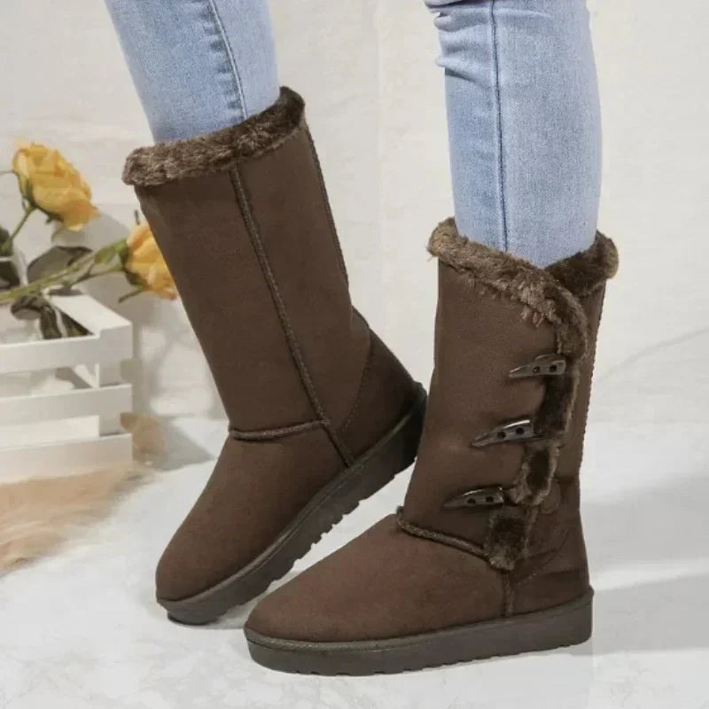 Skye | Suede Faux Fur Fleece Lined Flat Slip On Mid Calf Winter Snow Boots Women