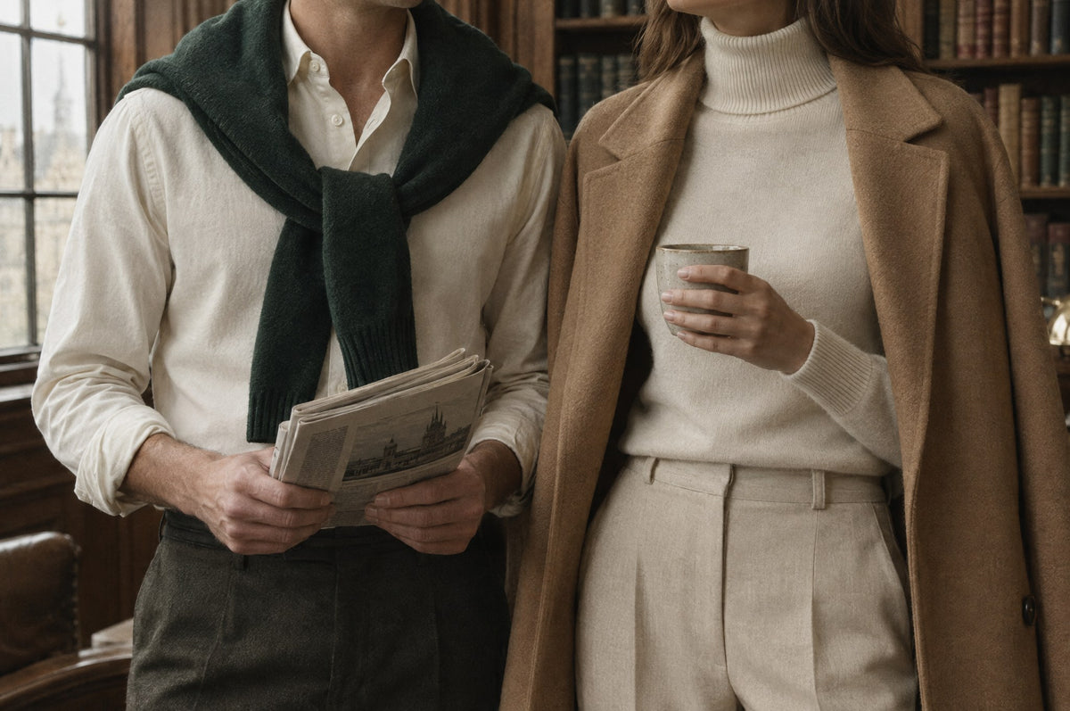 A man and a woman in SoleVair knitwear, a cream shirt and a camel coat in a London library