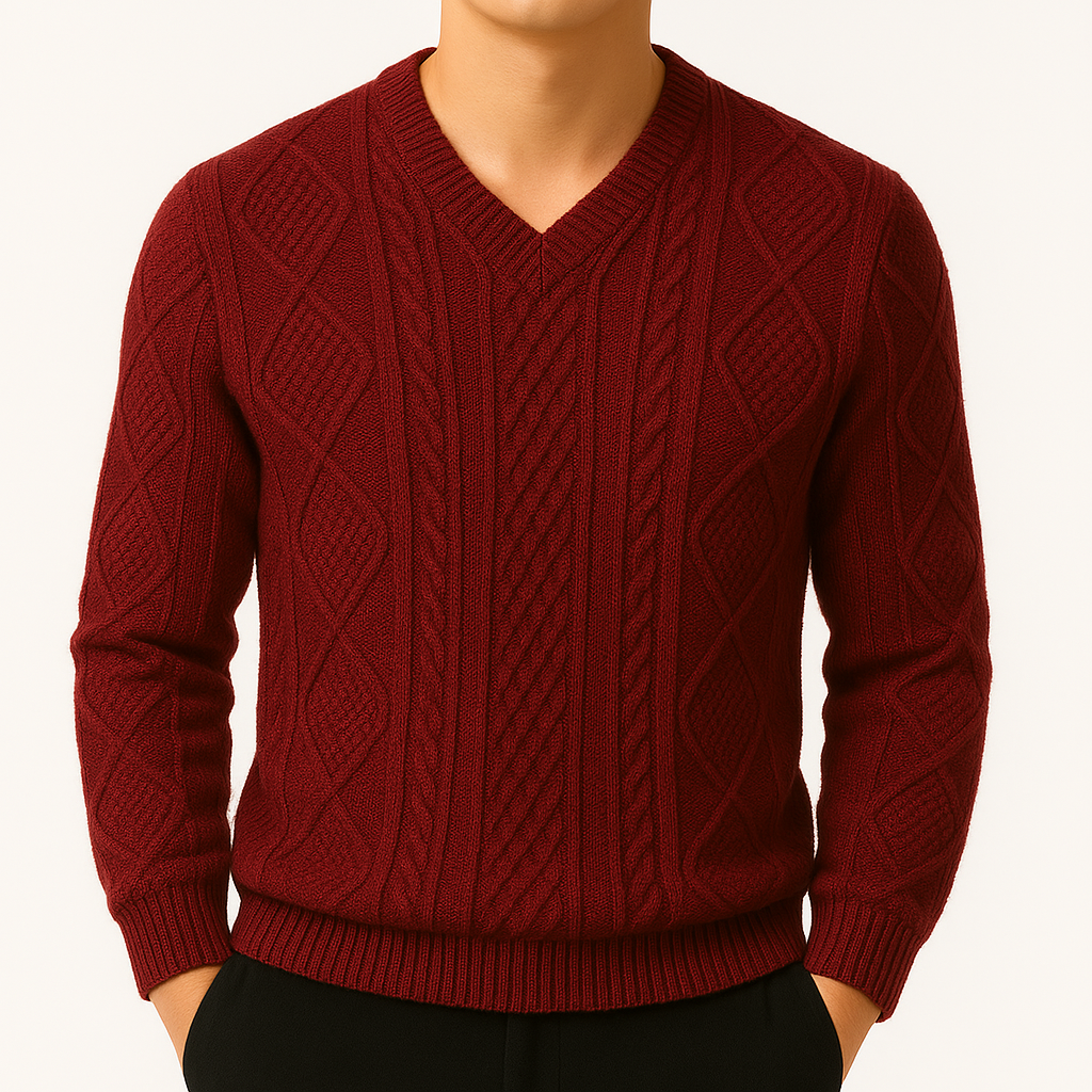 Cable Knit V-Neck Sweater, Long Sleeve - Red | SoleVair