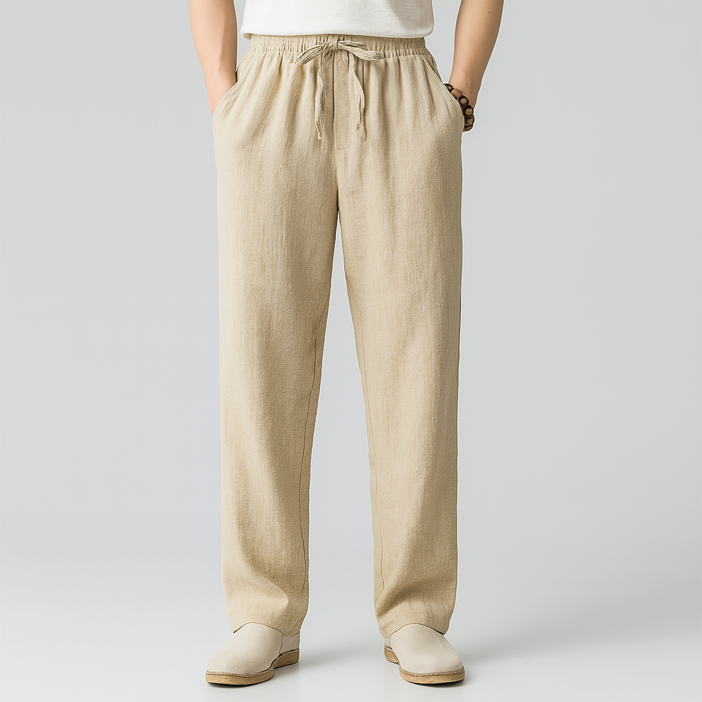 Linen-Look Trousers with Drawstring Waist - Khaki | SoleVair