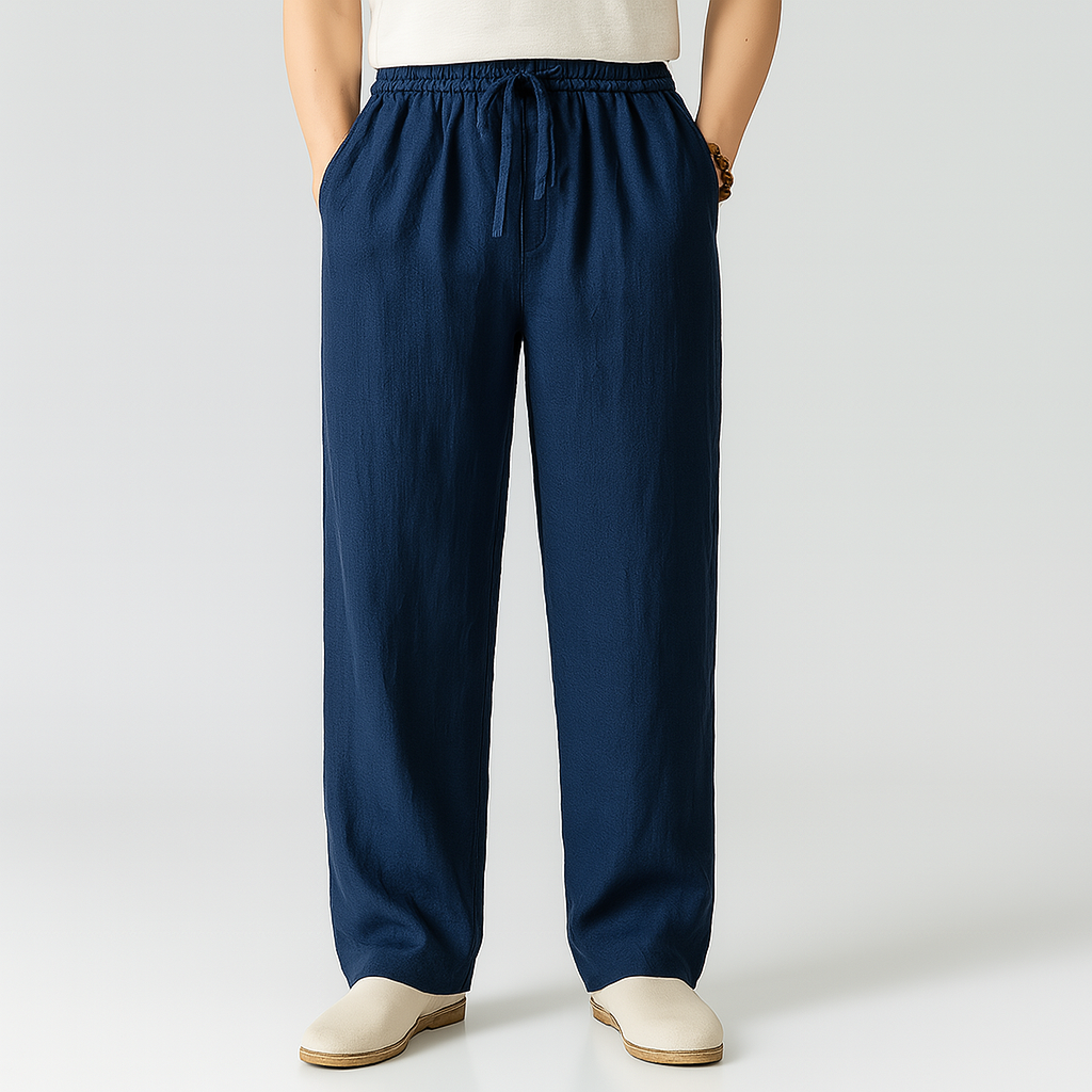 Linen-Look Trousers with Drawstring Waist - Navy | SoleVair
