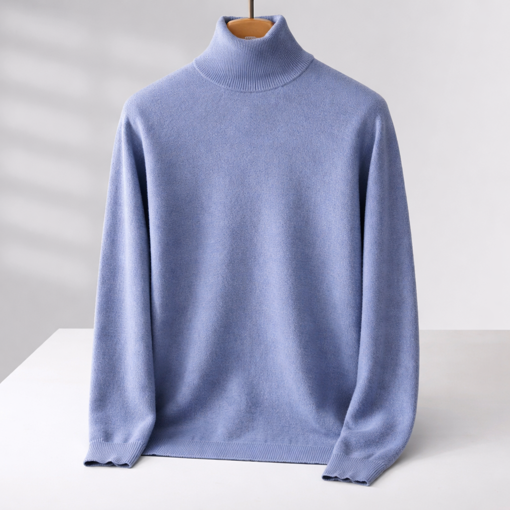 Fine Knit Turtleneck Sweater with Fold Collar - Blue | SoleVair