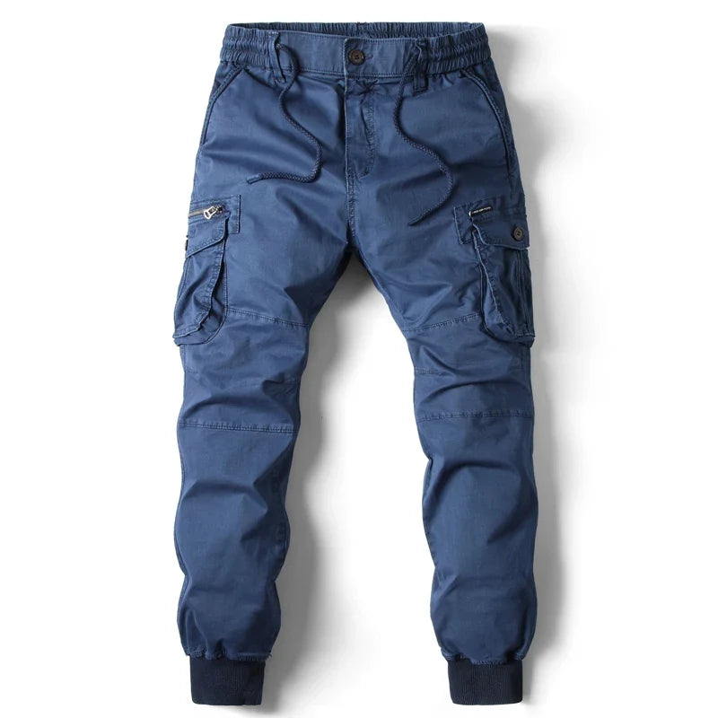 Tapered Cargo Trousers with Drawstring Waist - Blue | SoleVair