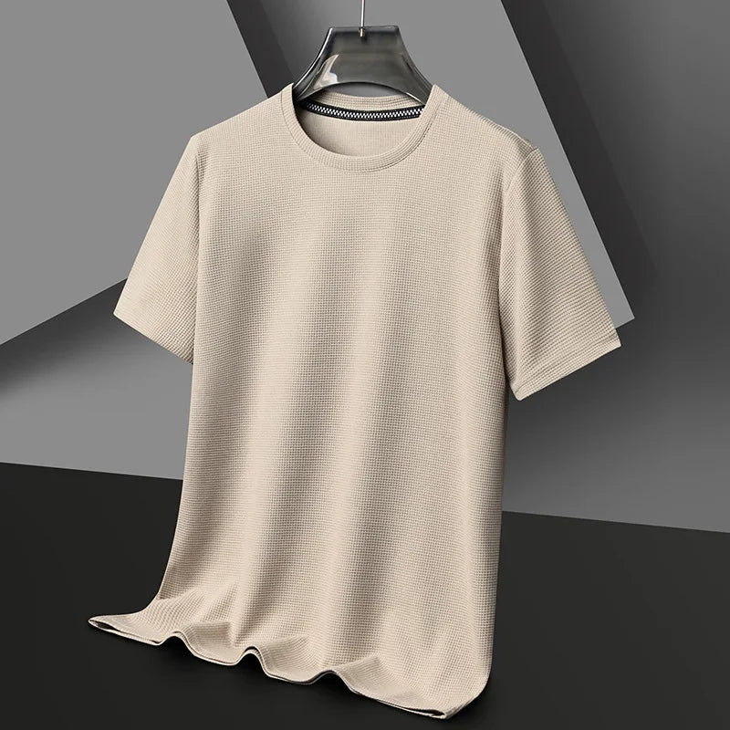 Waffle Knit T-Shirt with Crew Neck - Beige | SoleVair