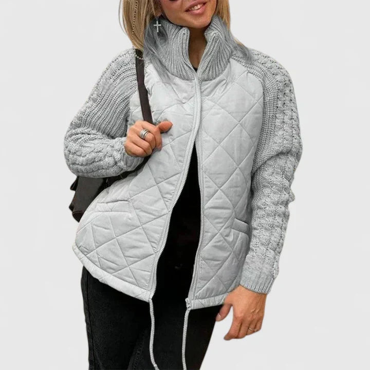Quilted Jacket with Knit Sleeves and Zip - Light Grey