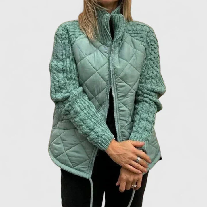Quilted Jacket with Knit Sleeves and Zip - Light Grey