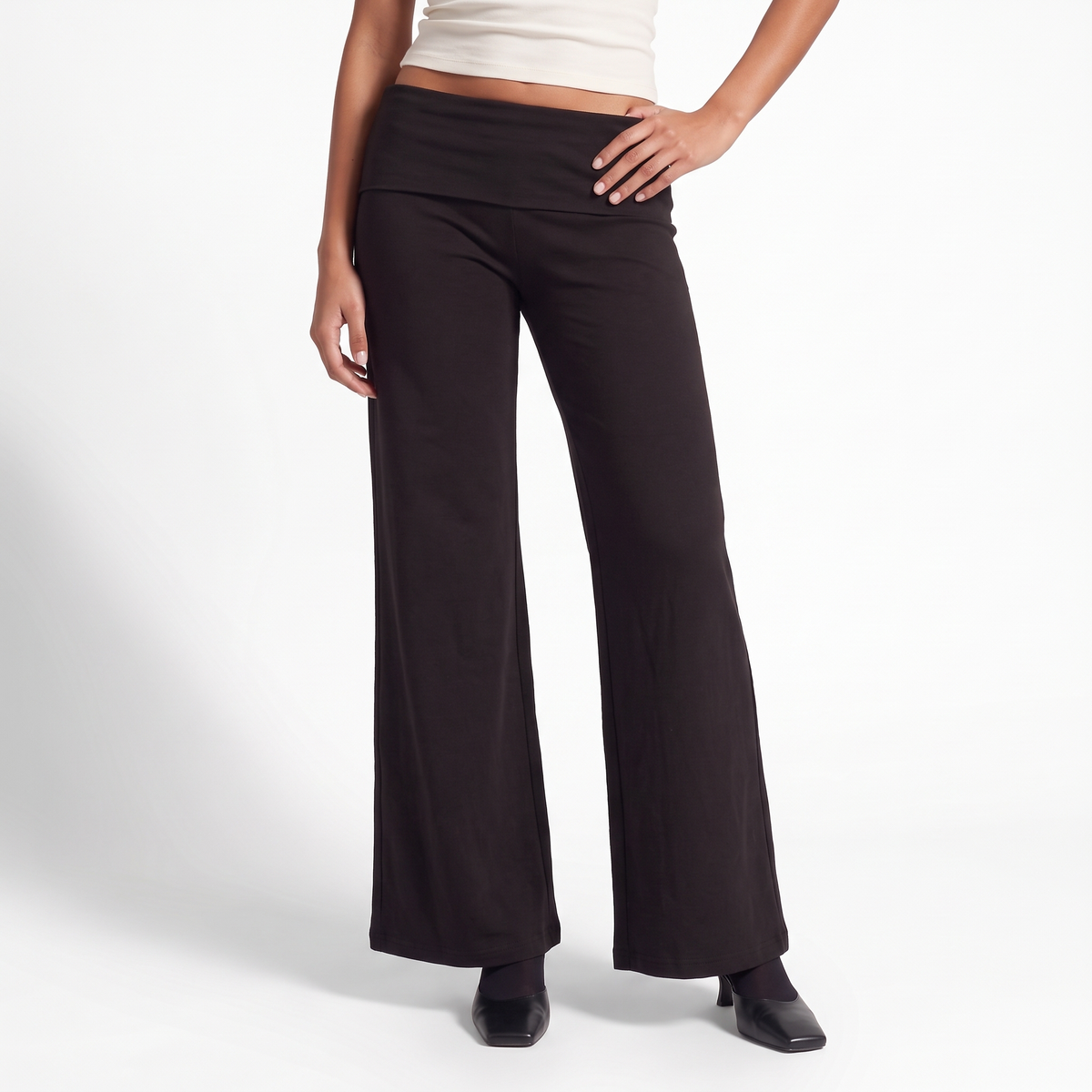 Hazel | Fold Over Jersey Flowy Wide Leg Trousers Women