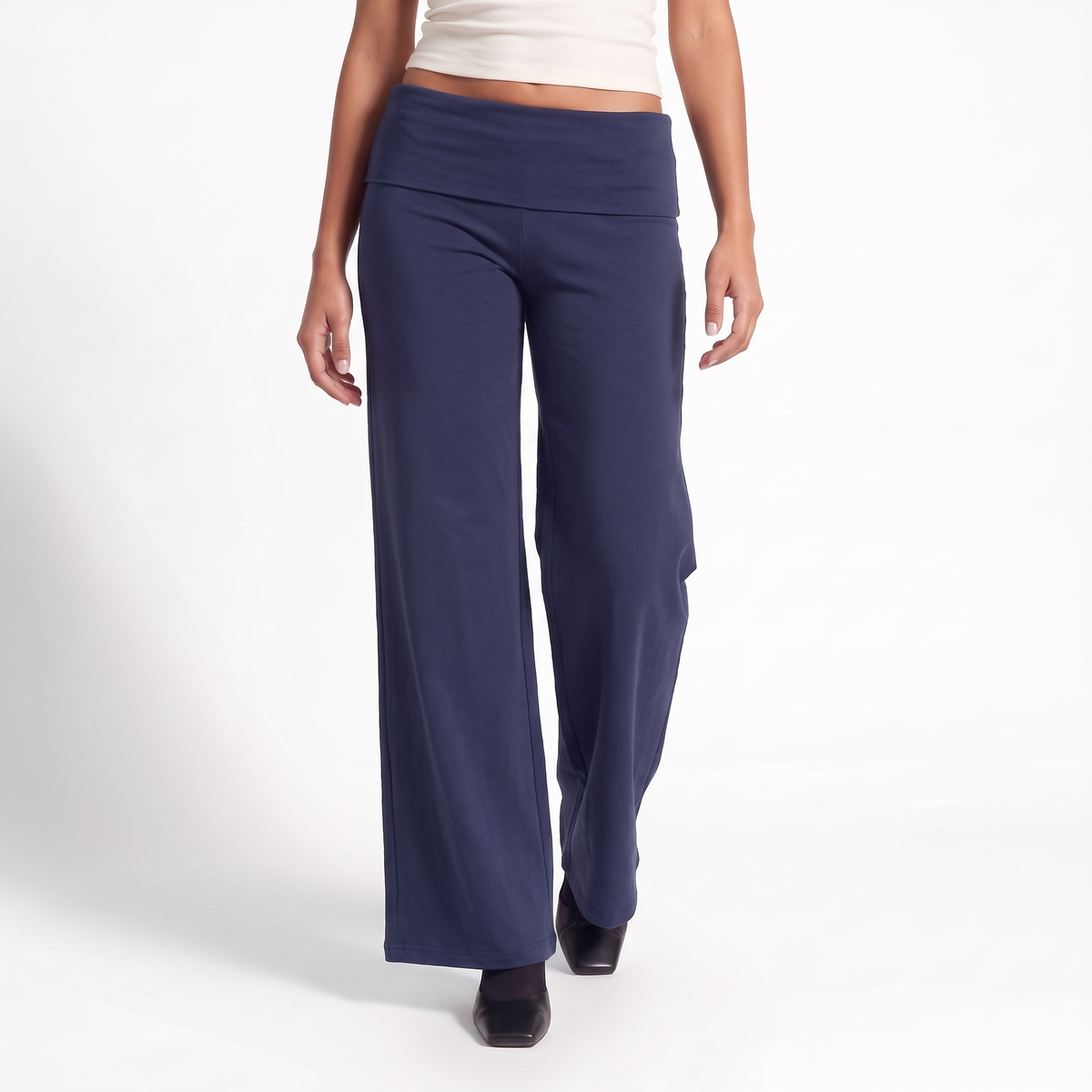 Hazel | Fold Over Jersey Flowy Wide Leg Trousers Women