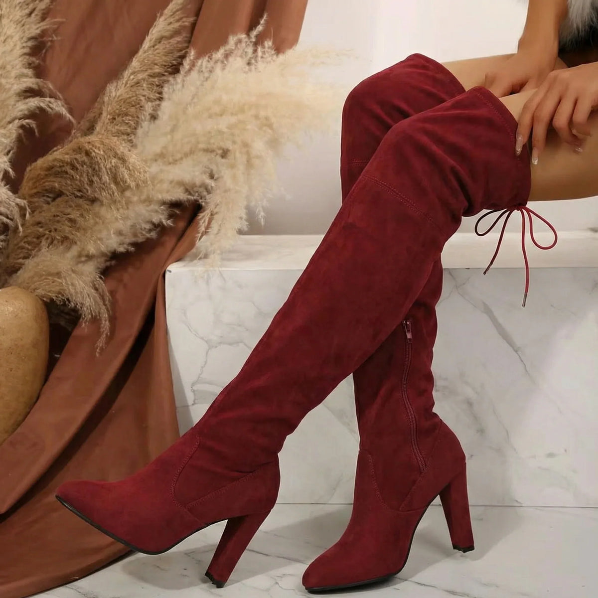 Dina | Block Heeled Pointed Toe Zip Faux Suede Autumn Thigh Over The Knee Boots Women