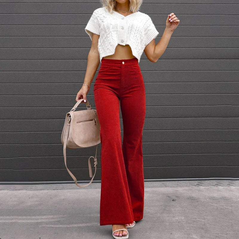 Nia | High Waisted Corduroy Pockets Fitted Button Autumn Flared Trousers Women