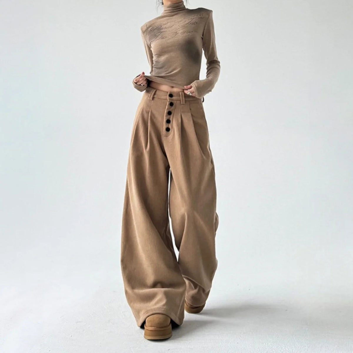 Freya | High Waisted Pleated Button Corduroy Pocket Tailored Wide Leg Palazzo Pants Women