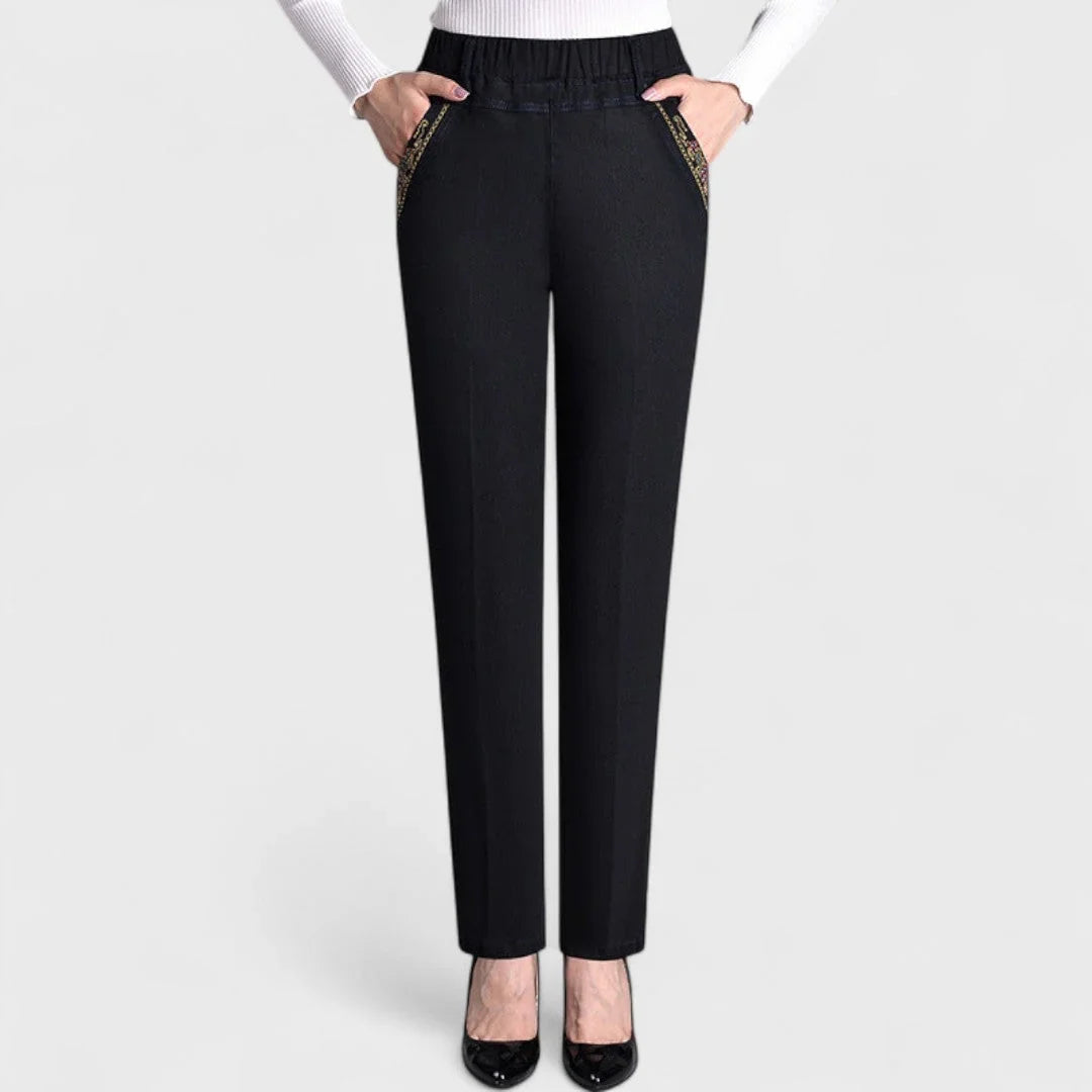 Tessa | Elasticated Waist Embroidered Pocket Autumn Straight Leg Jeans Women