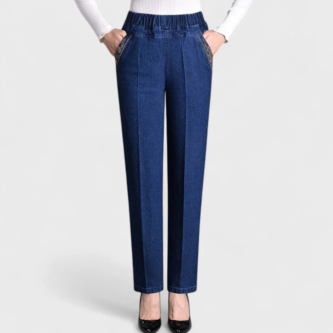 Tessa | Elasticated Waist Embroidered Pocket Autumn Straight Leg Jeans Women