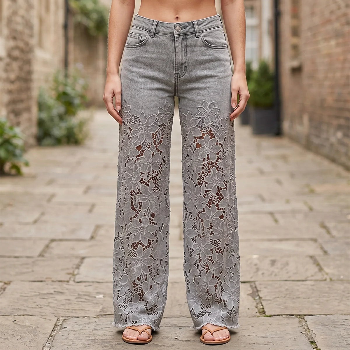 Stella | Floral Lace Cut Out High Waisted Wide Leg Jeans Women