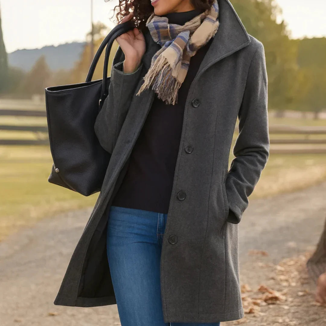 Elise | Buttoned Collared High Neck Long Pockets Autumn Smart Tailored Coat Women