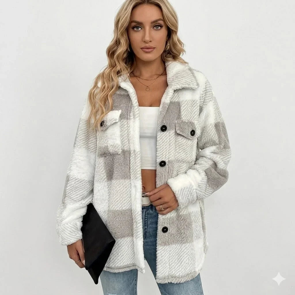Kit | Oversized Boxy Checked Collared Buttoned Pocket Winter Teddy Jacket Women