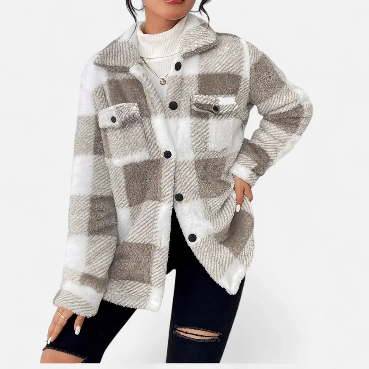 Kit | Oversized Boxy Checked Collared Buttoned Pocket Winter Teddy Jacket Women