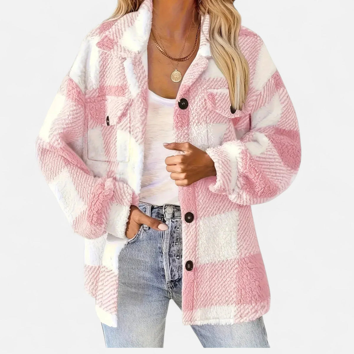 Kit | Oversized Boxy Checked Collared Buttoned Pocket Winter Teddy Jacket Women