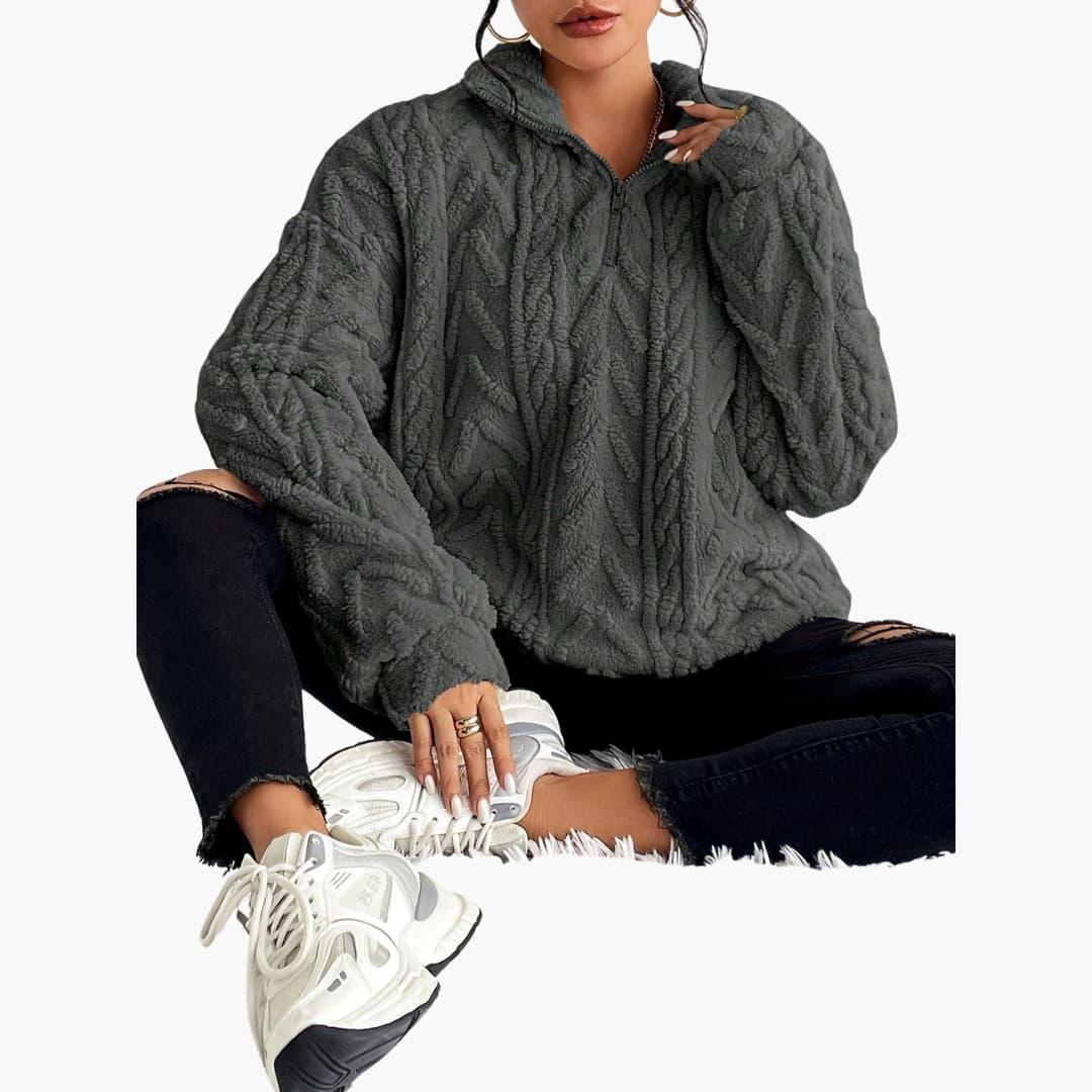 Olive | Oversized Funnel Neck Quarter Zip Winter Teddy Fleece Jacket Women