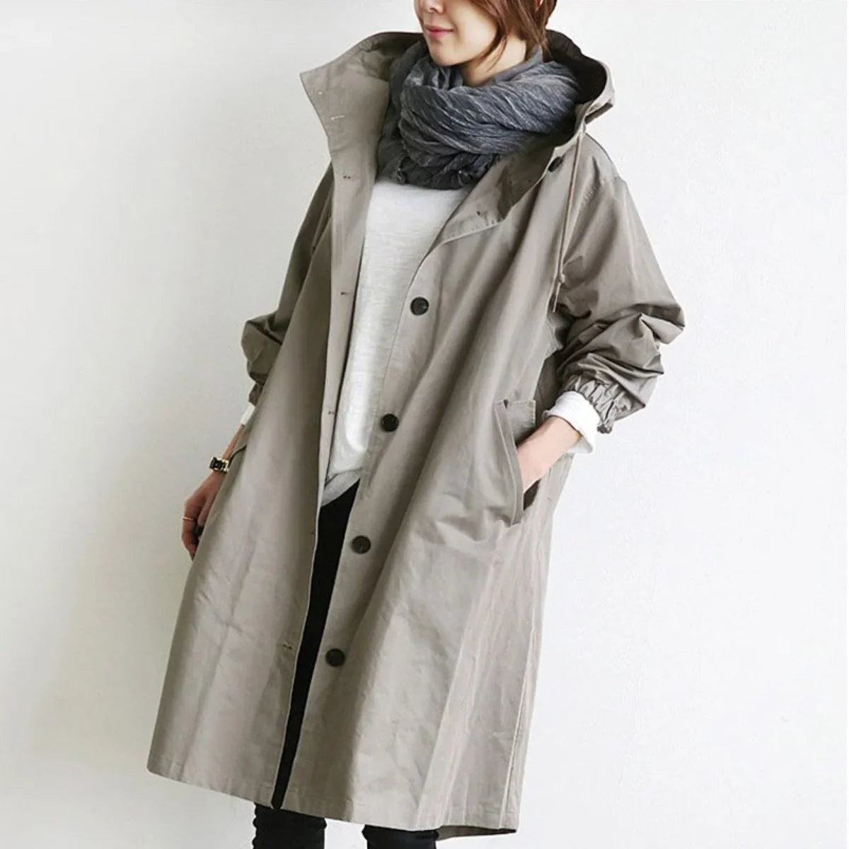 Callie | Drawstring Button Oversized Longline Hooded Collared Autumn Windbreaker Jacket Women