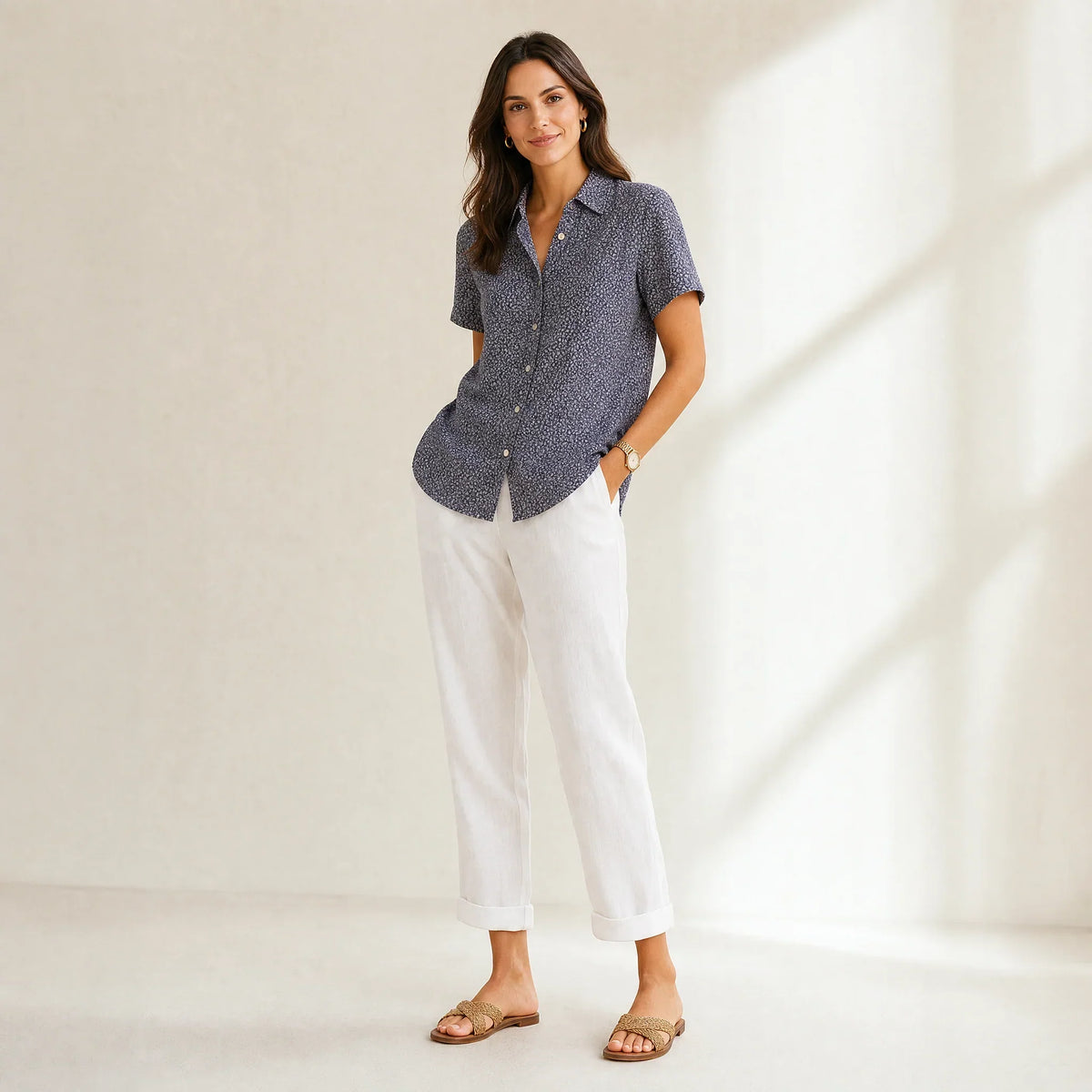 Kya | Turn Up Ankle Length Pockets Straight Leg Trousers Women