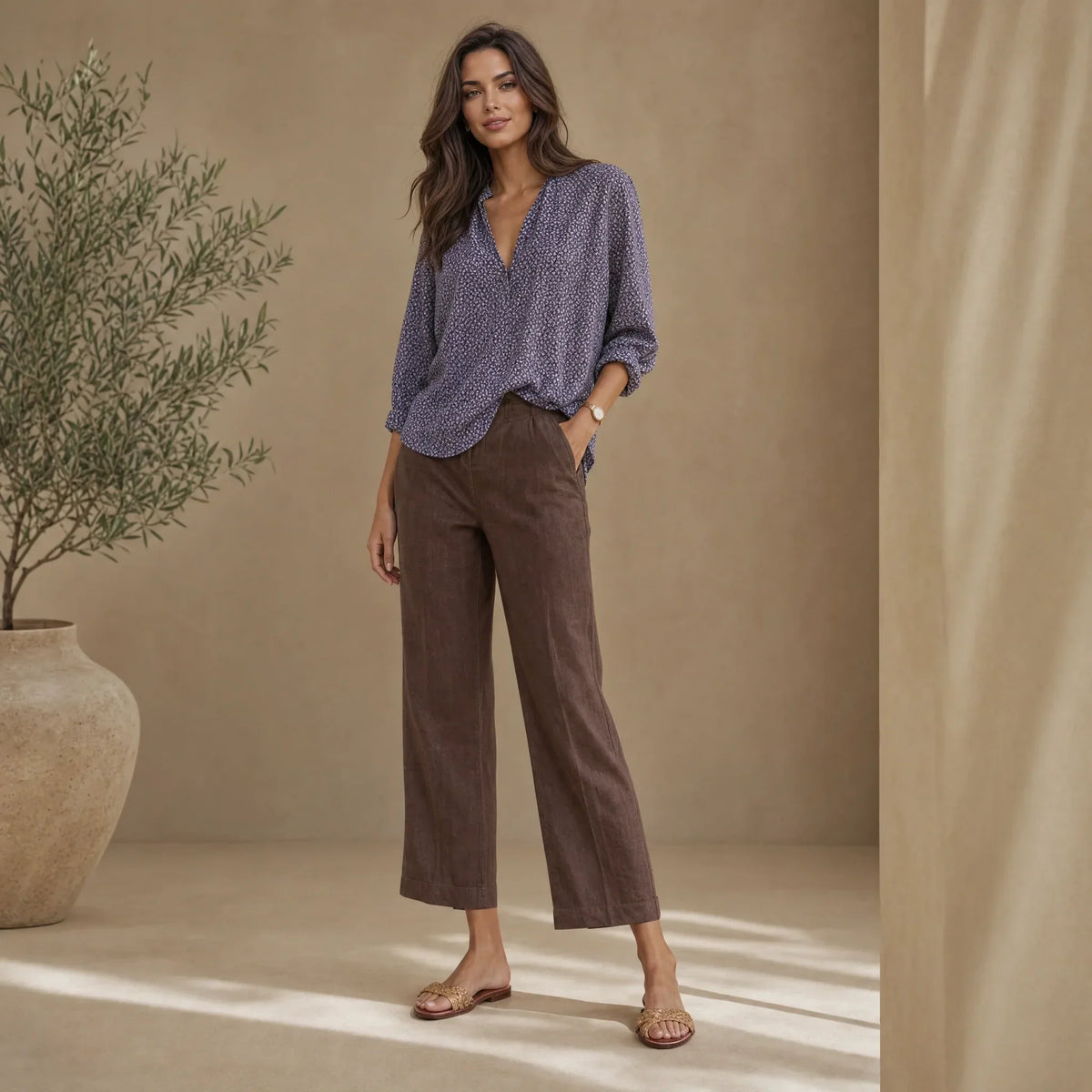 Kya | Turn Up Ankle Length Pockets Straight Leg Trousers Women