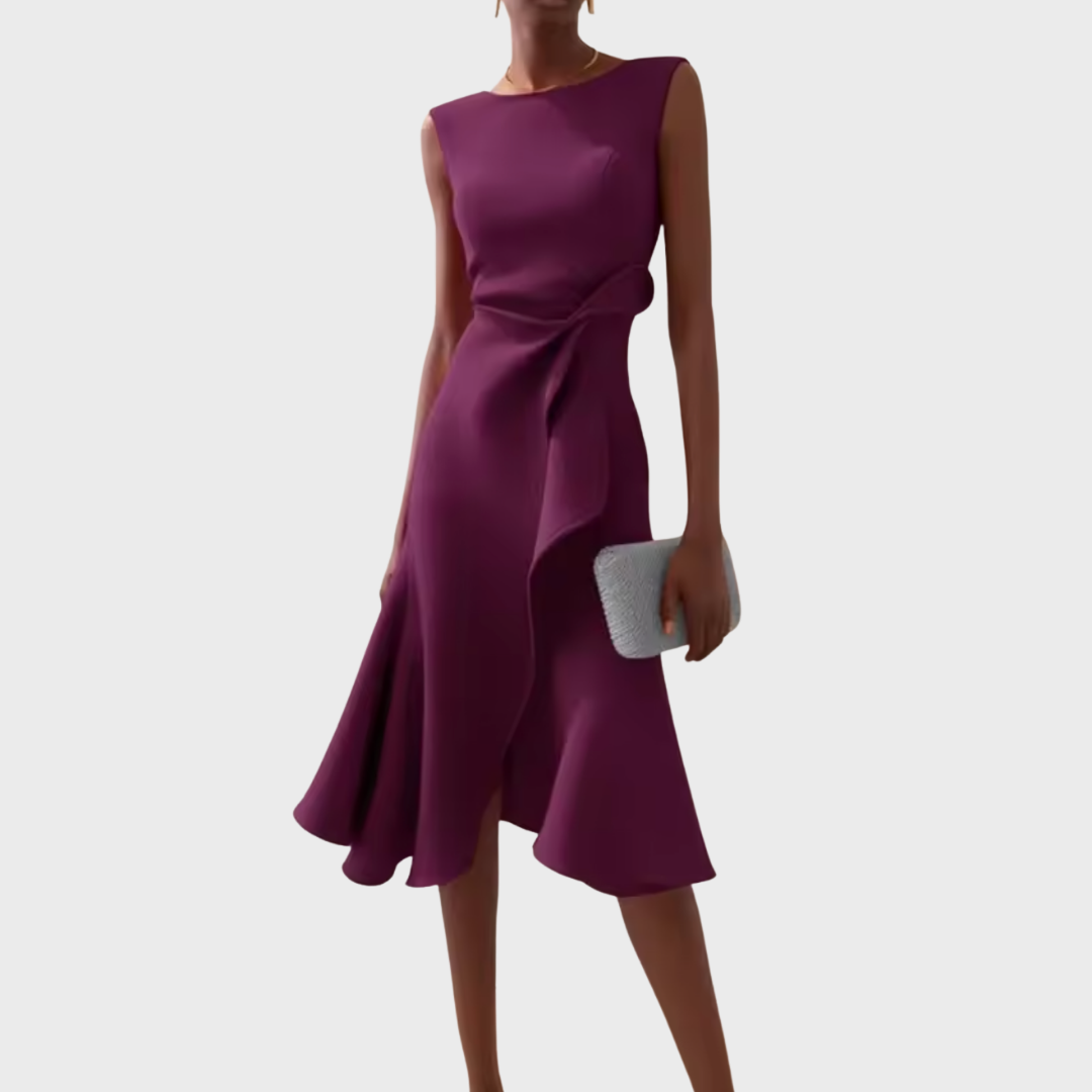 Libby | Boat Neck Sleeveless Ruched Waist Asymmetric Fitted Midi Wedding Guest Cocktail Dress Ladies