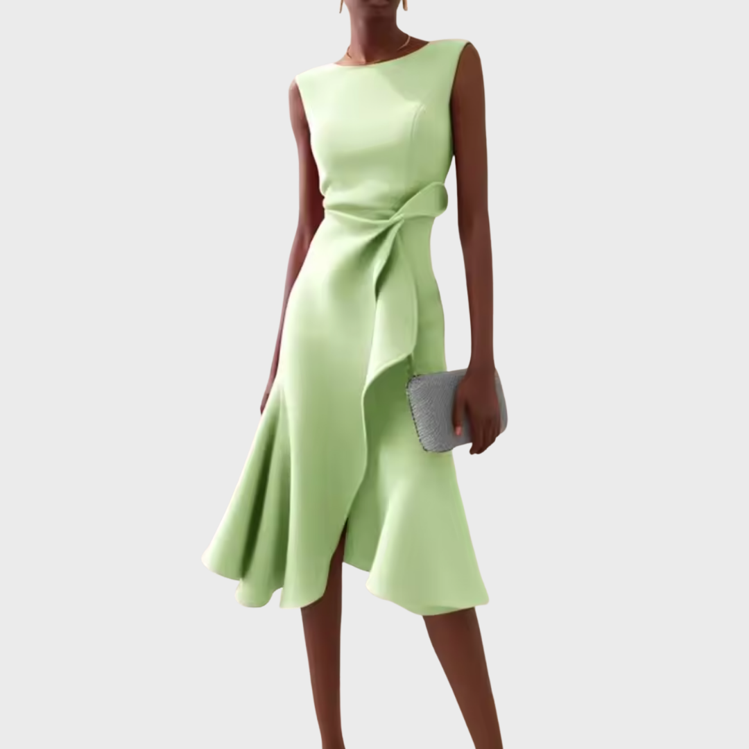 Libby | Boat Neck Sleeveless Ruched Waist Asymmetric Fitted Midi Wedding Guest Cocktail Dress Ladies