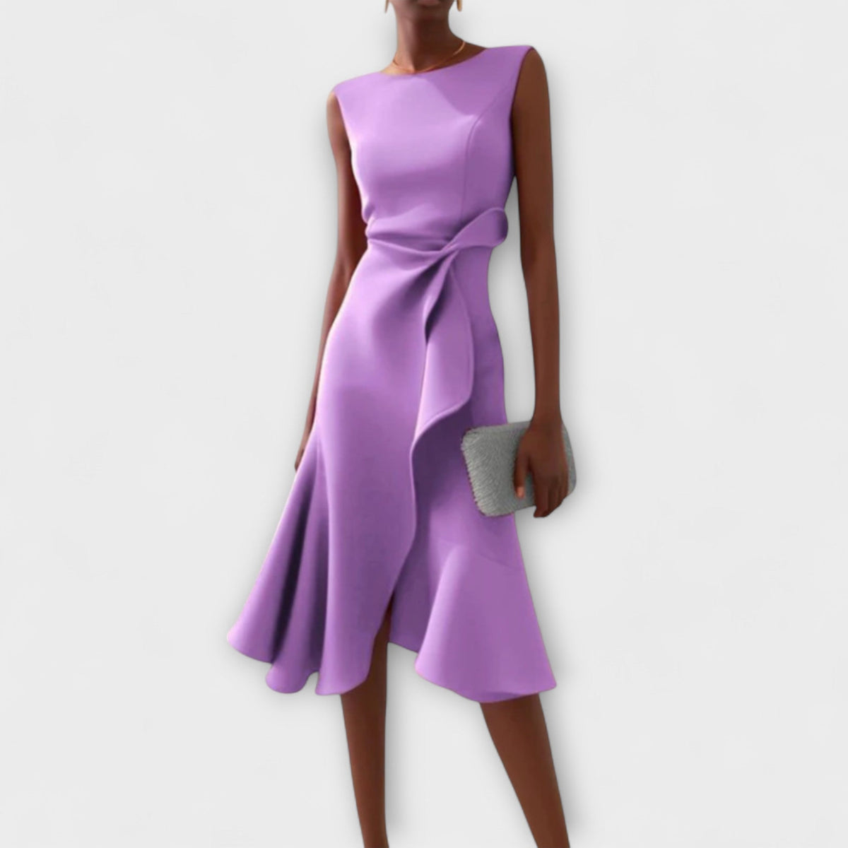 Libby | Boat Neck Sleeveless Ruched Waist Asymmetric Fitted Midi Wedding Guest Cocktail Dress Ladies