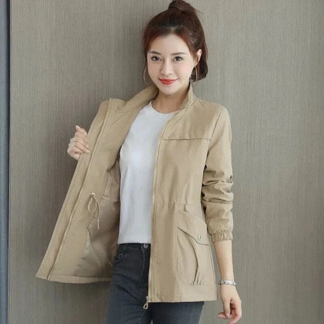 Willa | Drawstring Waist Funnel Neck Zip Up Mid Length Windbreaker Jacket Women