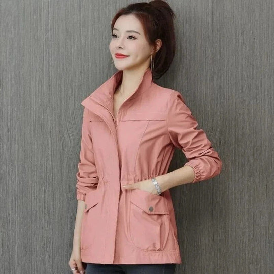 Willa | Drawstring Waist Funnel Neck Zip Up Mid Length Windbreaker Jacket Women
