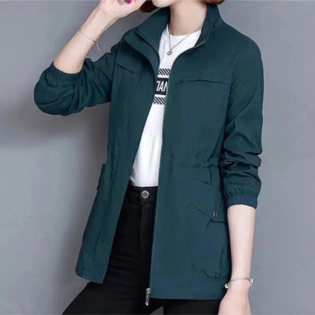 Willa | Drawstring Waist Funnel Neck Zip Up Mid Length Windbreaker Jacket Women