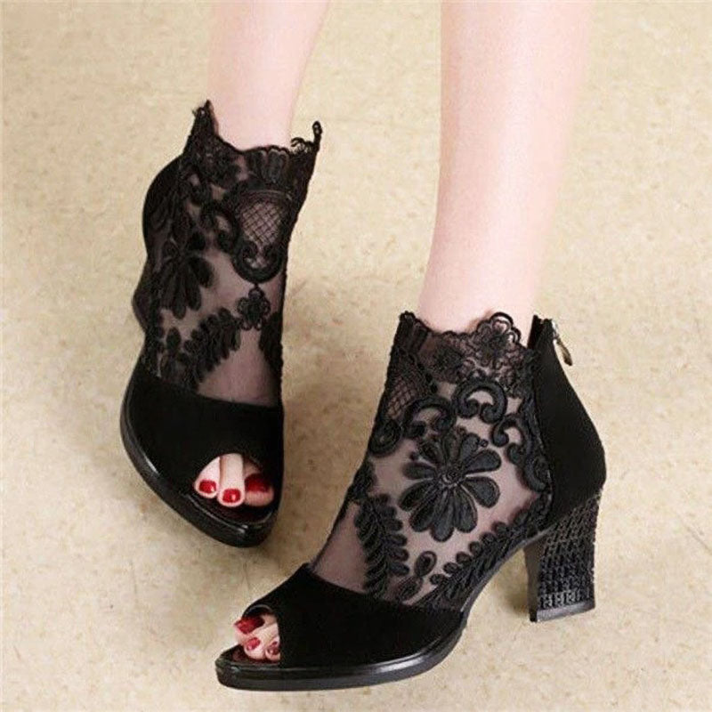 Aoife | Floral Embroidered Block Heeled Peep Toe Zip Up Mesh Faux Suede Ankle Boots Women