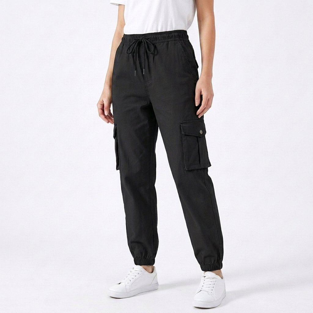 Lou | Elasticated Waist Drawstring Cuffed Pocket Autumn Loose Fit Cargo Trousers Women