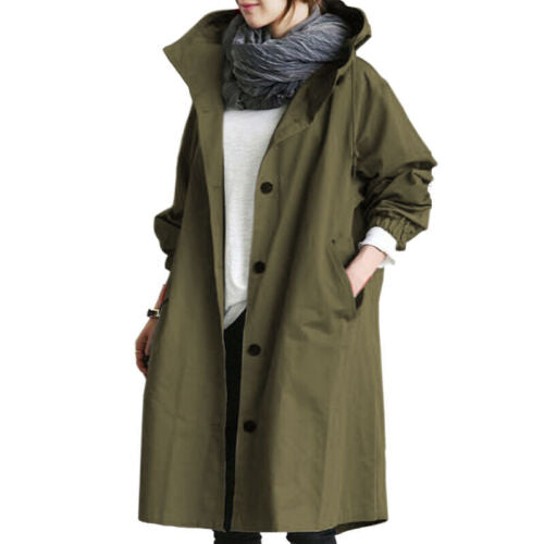 Elodie | Drawstring Button Oversized Longline Hooded Pocket Autumn Windbreaker Jacket Women