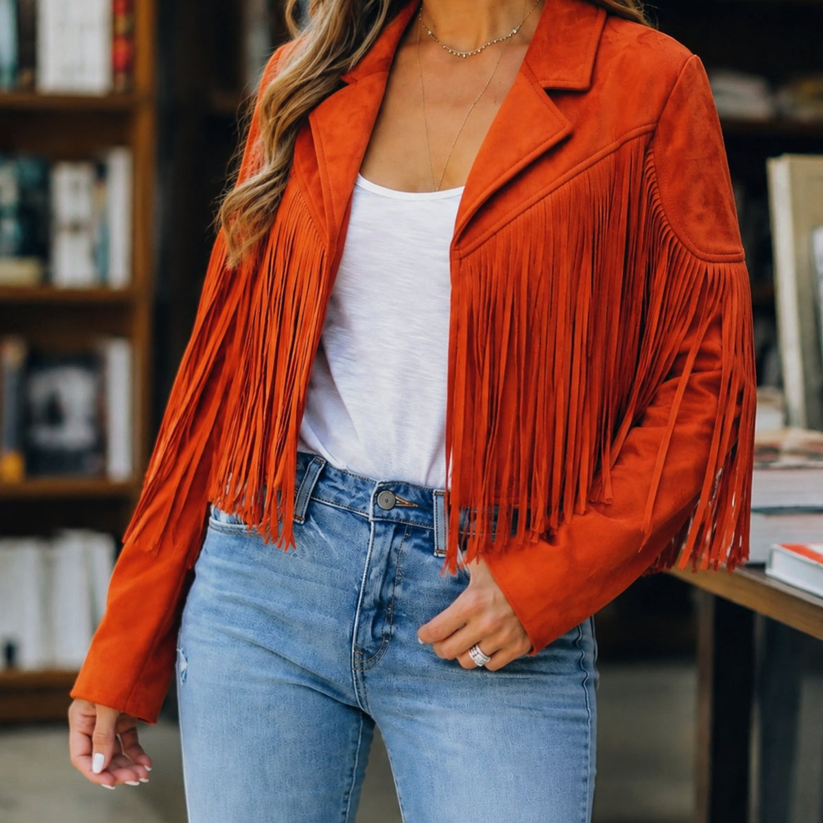 Cleo | Cropped Oversized Collared Lapel Western Fringe Tassel Autumn Faux Suede Blazer Women
