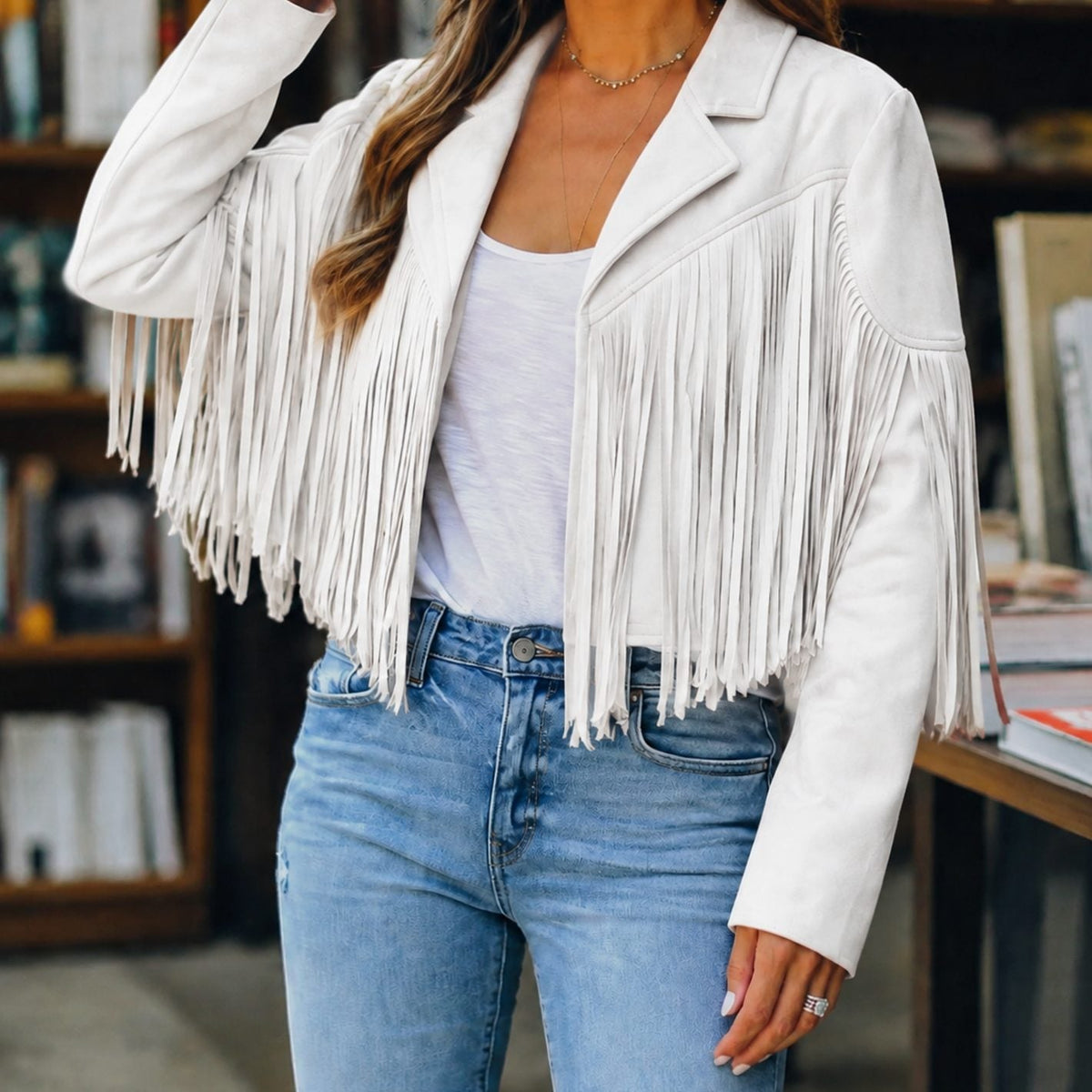 Cleo | Cropped Oversized Collared Lapel Western Fringe Tassel Autumn Faux Suede Blazer Women