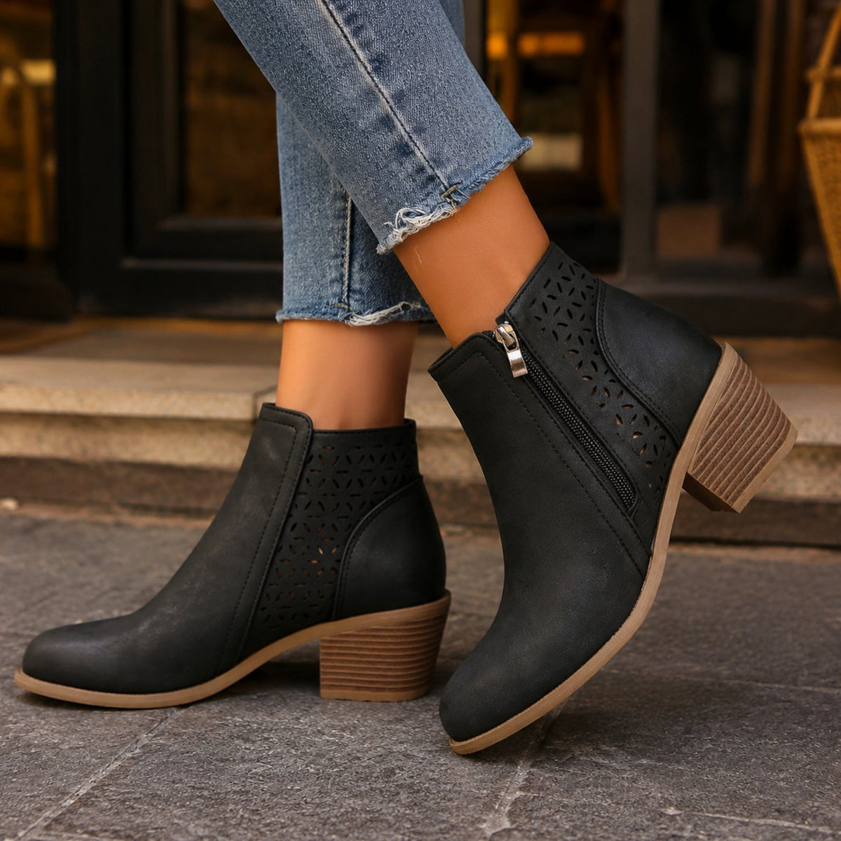Tara | Cut Out Block Heeled Zip Up Autumn Faux Leather Ankle Boots Women