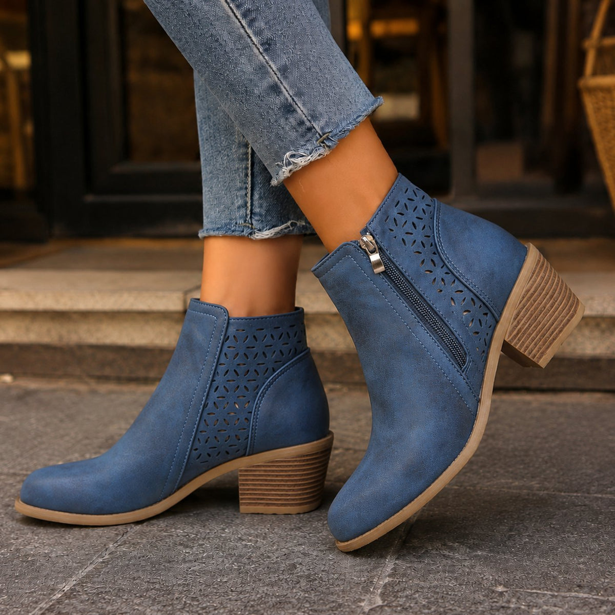 Tara | Cut Out Block Heeled Zip Up Autumn Faux Leather Ankle Boots Women