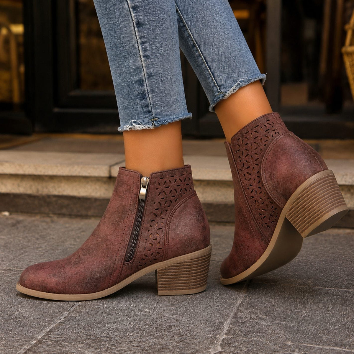 Tara | Cut Out Block Heeled Zip Up Autumn Faux Leather Ankle Boots Women