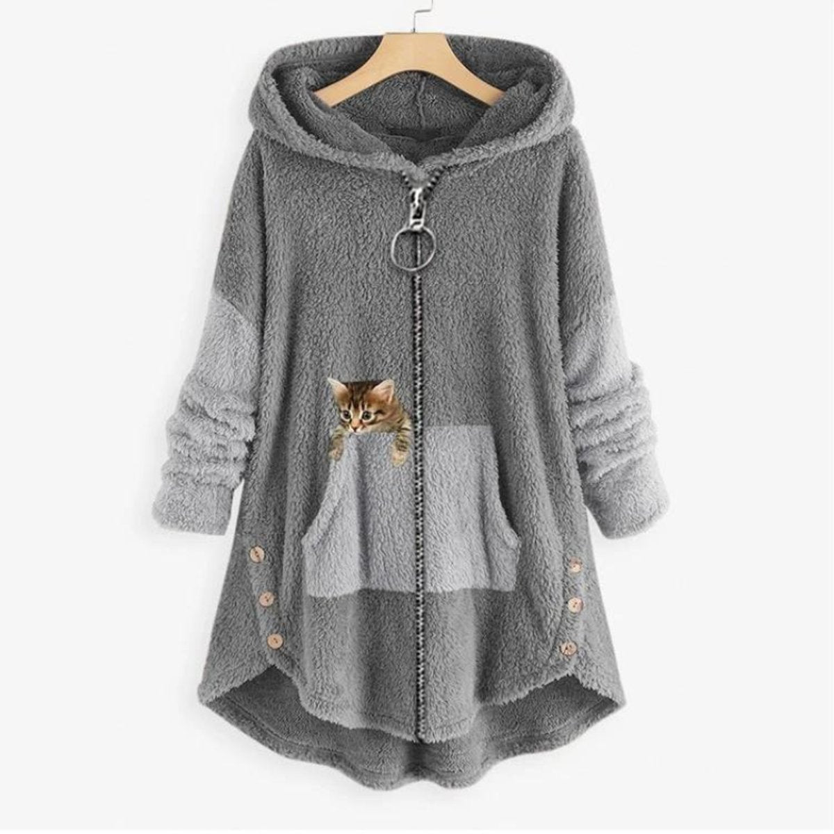 Penny | Faux Leather Printed Zip Up Button Pockets Fluffy Longline Winter Oversized Hoodie Women