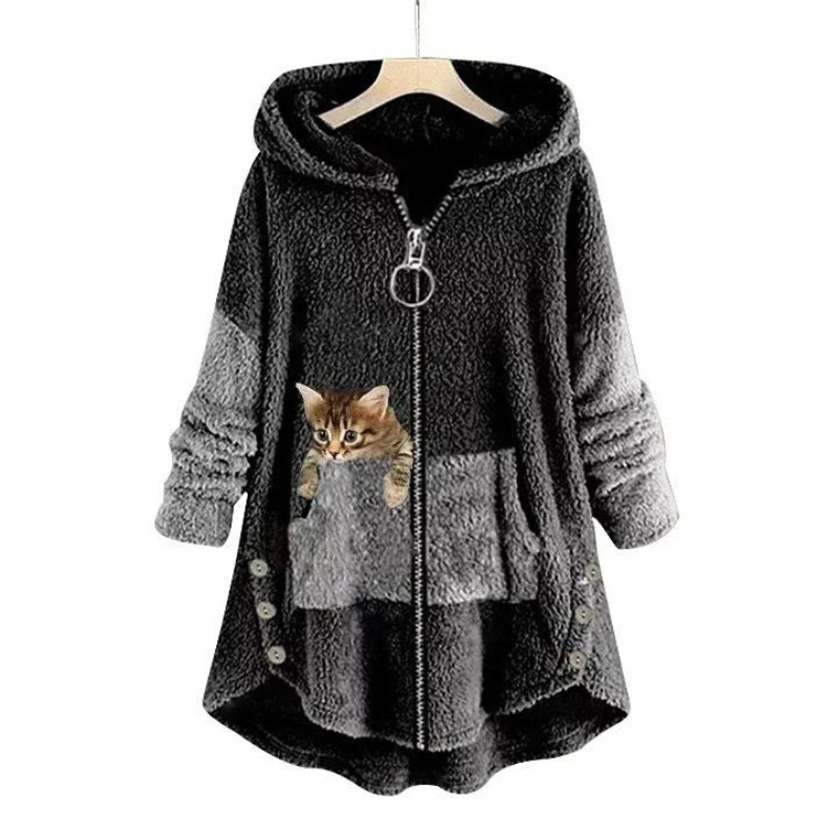 Penny | Faux Leather Printed Zip Up Button Pockets Fluffy Longline Winter Oversized Hoodie Women